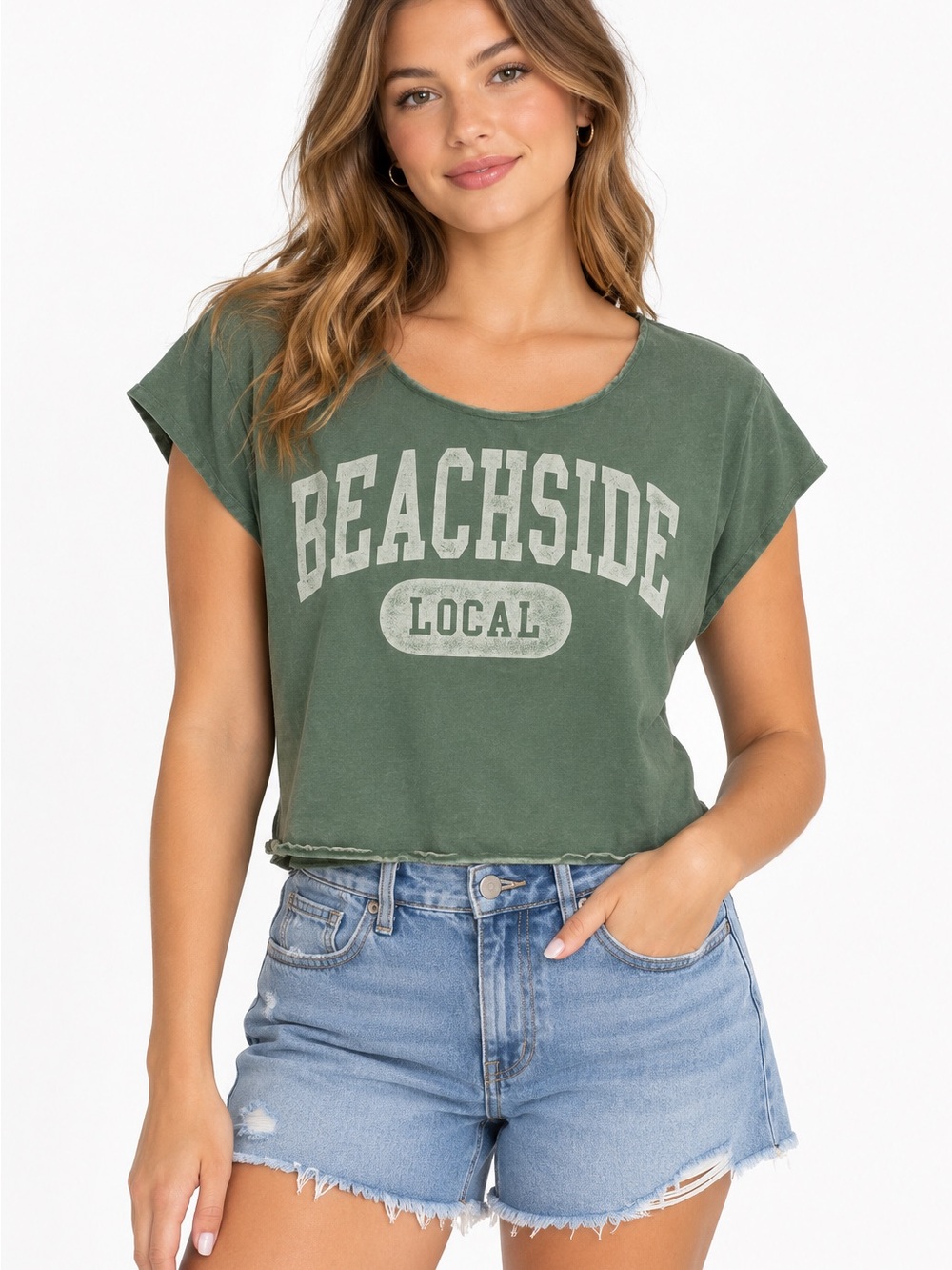 American Eagle Outfitters Olive Green 'Beachside Local' Cropped Tee